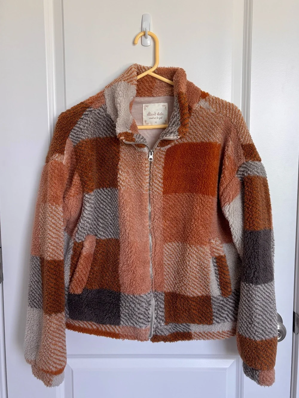Altar’d State Cozy Sherpa Zip Jacket in Rust & Gray Plaid - Picture 1 of 4